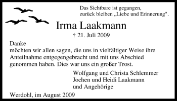 Traueranzeige von Irma Laakmann von Tageszeitung
