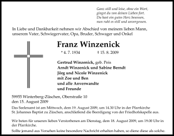 Traueranzeige von Franz Winzenick von Tageszeitung