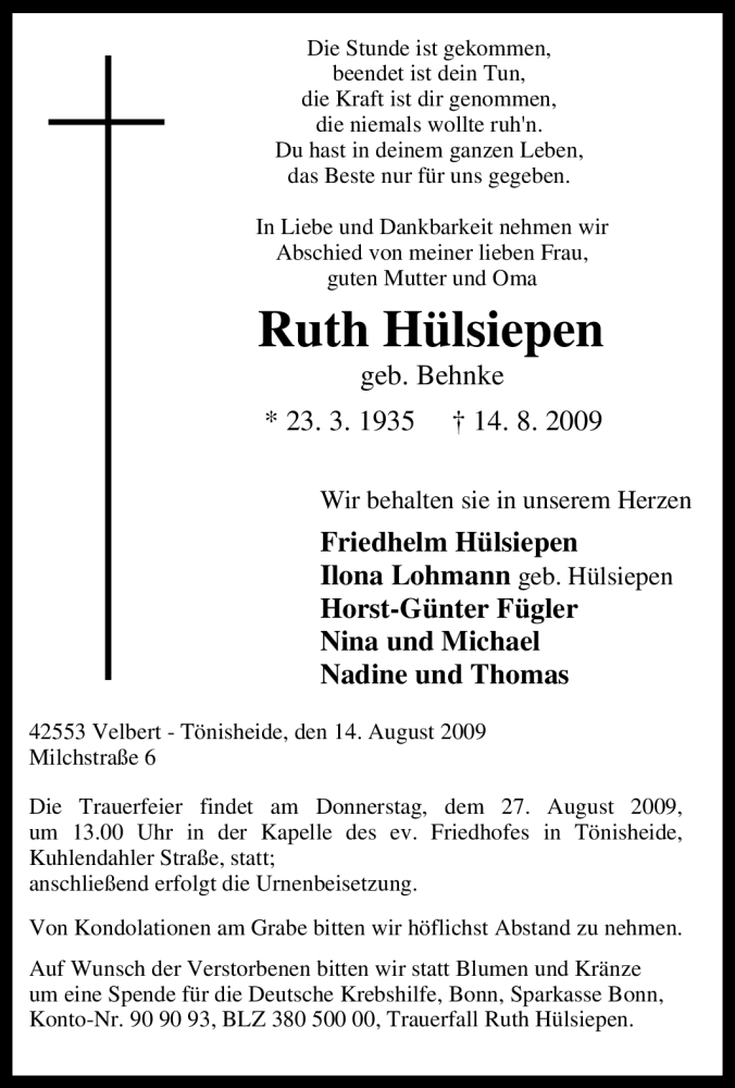  Traueranzeige für Ruth Hülsiepen vom 25.08.2009 aus Tageszeitung