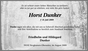 Traueranzeige von Horst Dunker von Tageszeitung