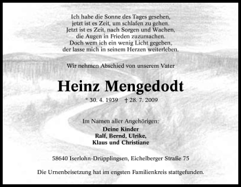 Traueranzeige von Heinz Mengedodt von Tageszeitung
