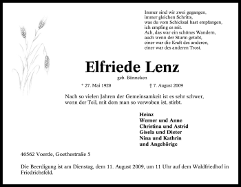 Traueranzeige von Elfriede Lenz von Tageszeitung