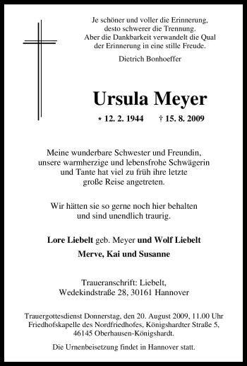 Traueranzeige von Ursula Meyer von Tageszeitung