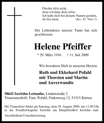Traueranzeige von Helene Pfeiffer von Tageszeitung