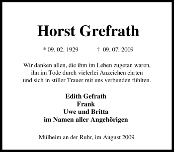 Traueranzeige von Horst Grefrath von Tageszeitung