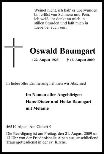 Traueranzeige von Oswald Baumgart von Tageszeitung