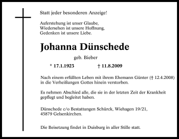 Traueranzeige von Johanna Dünschede von Tageszeitung