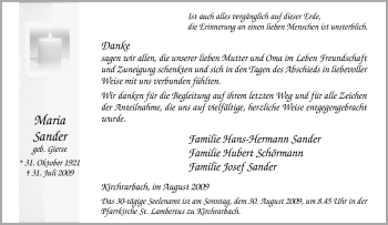 Traueranzeige von Maria Sander von Tageszeitung