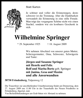 Traueranzeige von Wilhelmine Springer von Tageszeitung