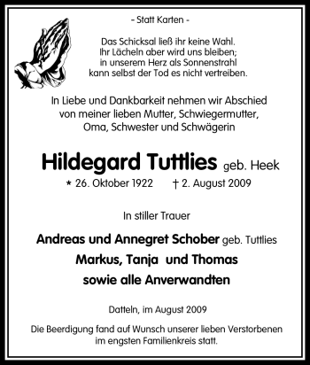 Traueranzeige von Hildegard Tuttlies von Tageszeitung