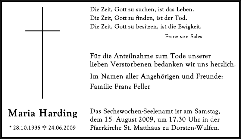  Traueranzeige für Maria Harding vom 14.08.2009 aus Tageszeitung