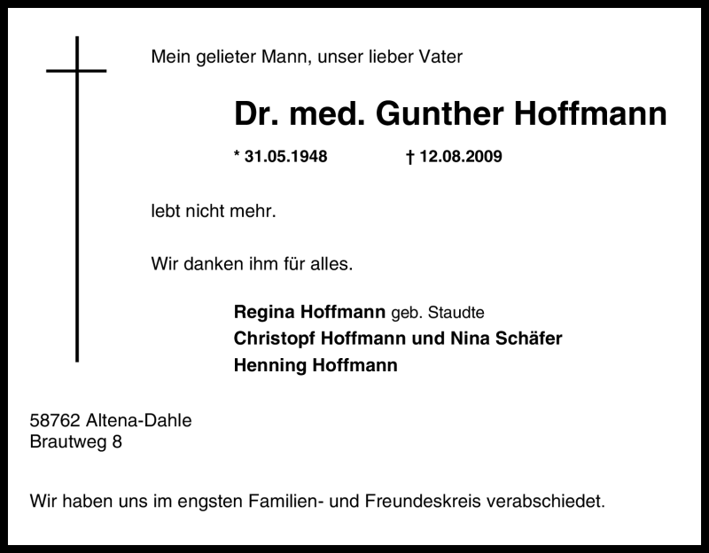  Traueranzeige für Gunther Hoffmann vom 18.08.2009 aus Tageszeitung