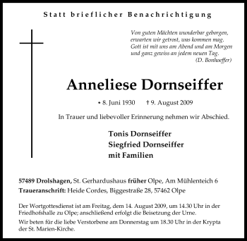 Traueranzeige von Anneliese Dornseiffer von Tageszeitung