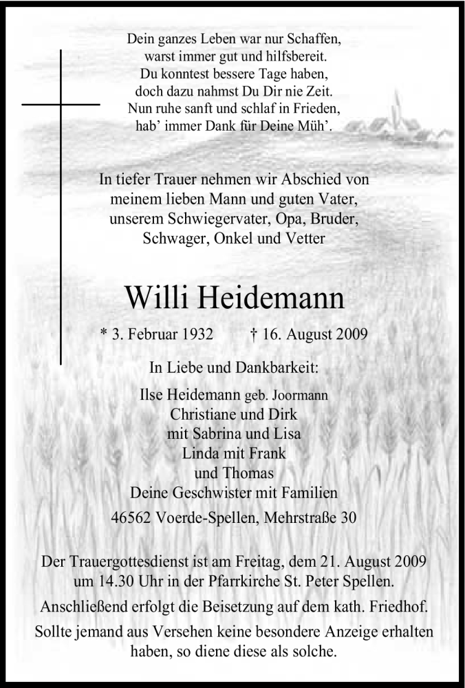  Traueranzeige für Willi Heidemann vom 19.08.2009 aus Tageszeitung