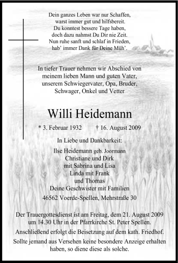 Traueranzeige von Willi Heidemann von Tageszeitung