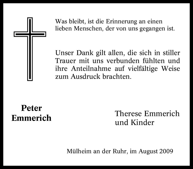  Traueranzeige für Peter Emmerich vom 12.08.2009 aus Tageszeitung