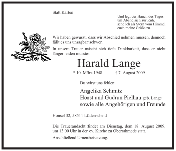 Traueranzeige von Harald Lange von Tageszeitung
