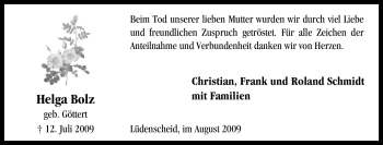 Traueranzeige von Helga Bolz von Tageszeitung