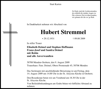 Traueranzeige von Hubert Stremmel von Tageszeitung
