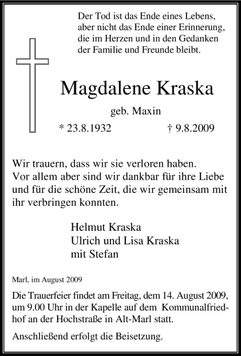 Traueranzeige von Magdalene Kraska von Tageszeitung