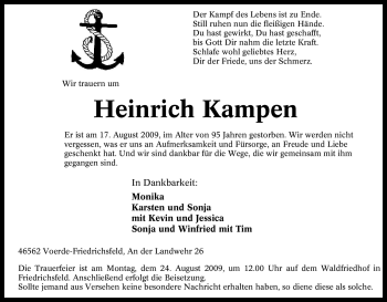 Traueranzeige von Heinrich Kampen von Tageszeitung