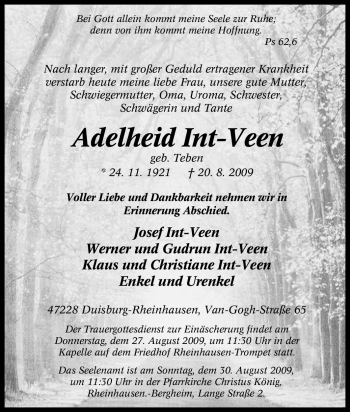 Traueranzeige von Adelheid Int-Veen von Tageszeitung