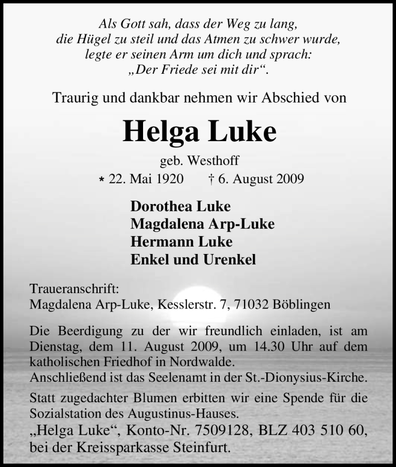 Traueranzeige für Helga Luke vom 10.08.2009 aus Tageszeitung