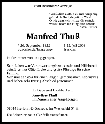 Traueranzeige von Manfred Thuß von Tageszeitung