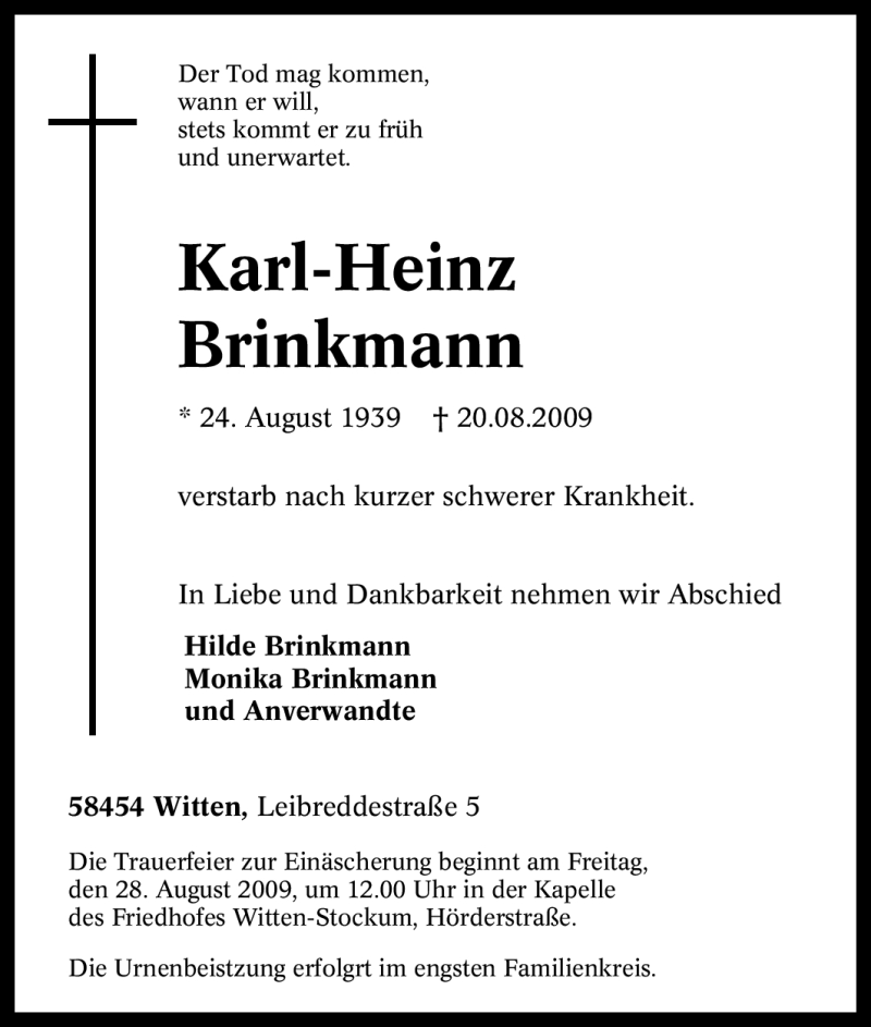  Traueranzeige für Karl-Heinz Brinkmann vom 25.08.2009 aus Tageszeitung
