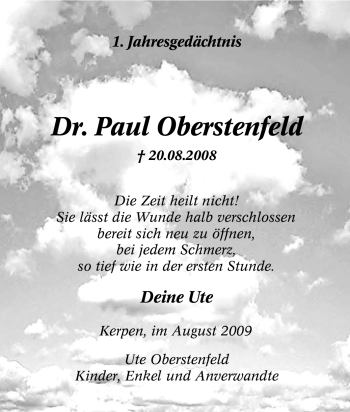 Traueranzeige von Paul Oberstenfeld von Tageszeitung