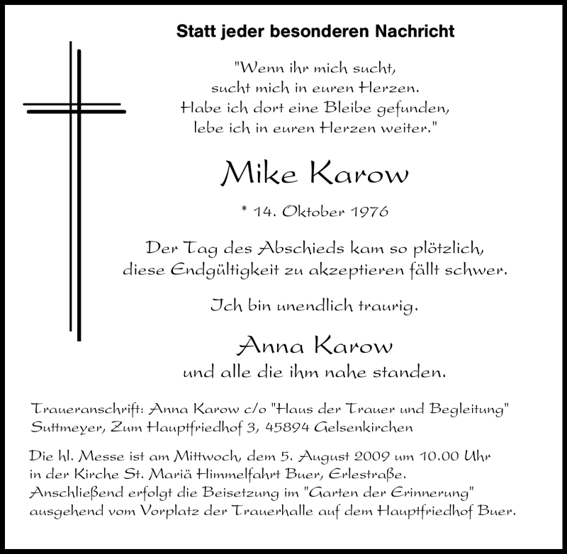  Traueranzeige für Mike Karow vom 01.08.2009 aus Tageszeitung