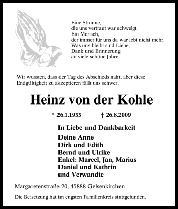 Traueranzeige von Heinz von der Kohle von Tageszeitung