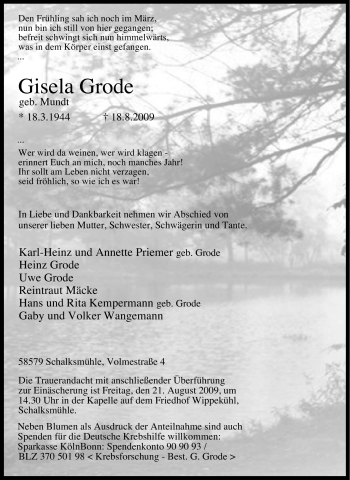 Traueranzeige von Gisela Grode von Tageszeitung