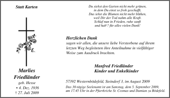 Traueranzeige von Marlies Friedländer von Tageszeitung