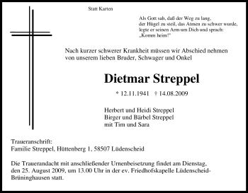 Traueranzeige von Dietmar Streppel von Tageszeitung