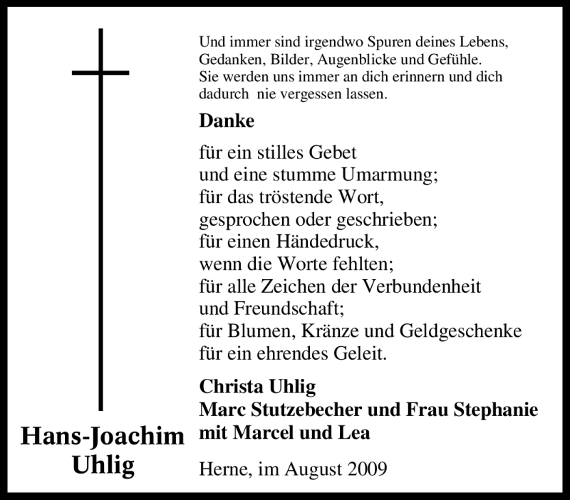  Traueranzeige für Hans-Joachim Uhlig vom 31.08.2009 aus Tageszeitung