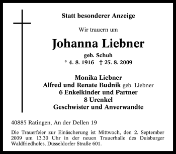Traueranzeige von Johanna Liebner von Tageszeitung