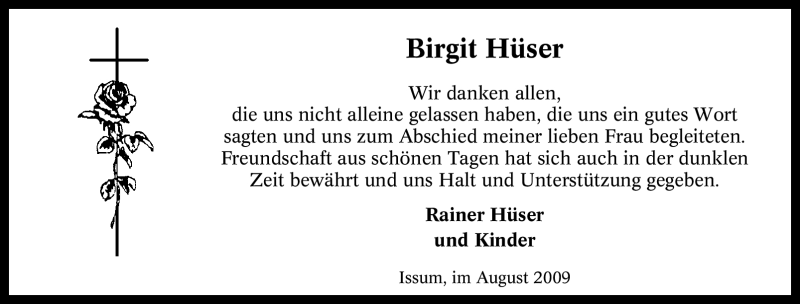  Traueranzeige für Birgit Hüser vom 08.08.2009 aus Tageszeitung