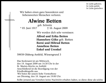 Traueranzeige von Alwine Betten von Tageszeitung