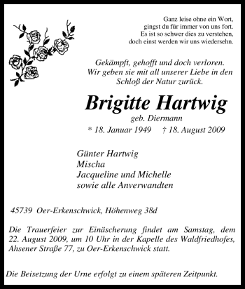 Traueranzeige von Brigitte Hartwig von Tageszeitung