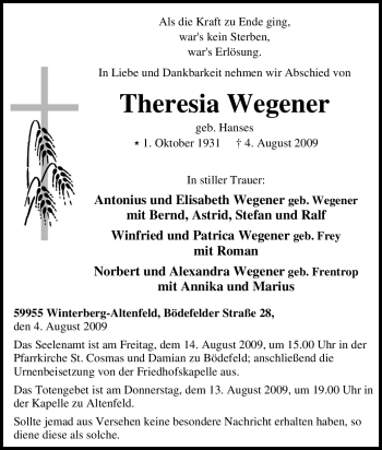 Traueranzeige von Theresia Wegener von Tageszeitung