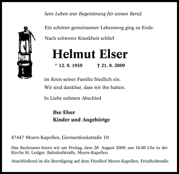 Traueranzeige von Helmut Elser von Tageszeitung