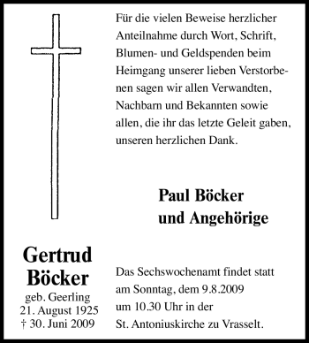 Traueranzeige von Gertrud Böcker von Tageszeitung