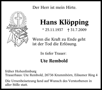Traueranzeige von Hans Klöpping von Tageszeitung