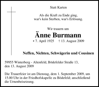 Traueranzeige von Änne Burmann von Tageszeitung