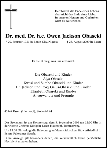 Traueranzeige von Owen Jackson Obaseki von Tageszeitung