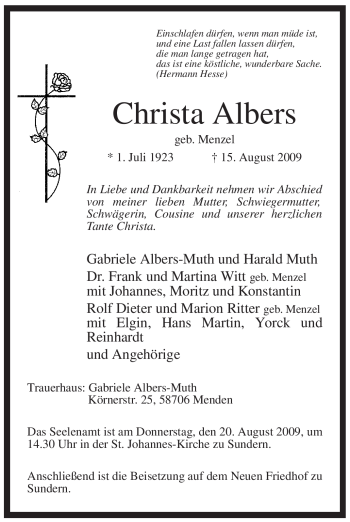 Traueranzeige von Christa Albers von Tageszeitung