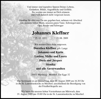 Traueranzeige von Johannes Kleffner von Tageszeitung