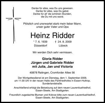 Traueranzeige von Heinz Ridder von Tageszeitung