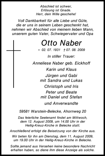 Traueranzeige von Otto Naber von Tageszeitung